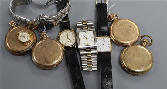 Four assorted gold plated pocket watches, a Zodiac wrist watch and four other assorted wrist watches.